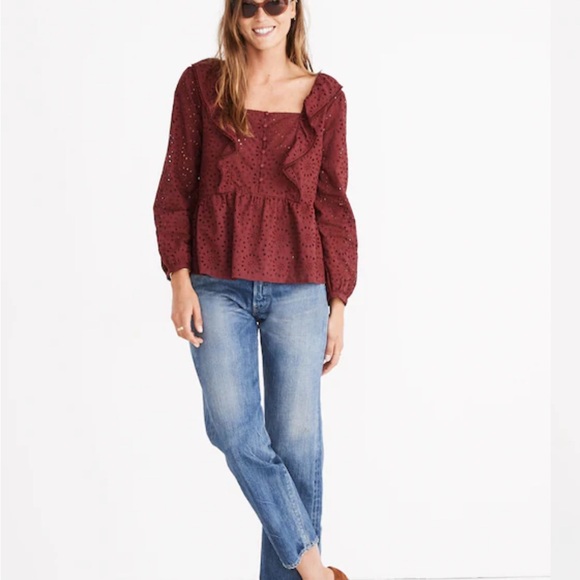 Madewell Women's Burgundy Eyelet Ruffle Top - Picture 2 of 7